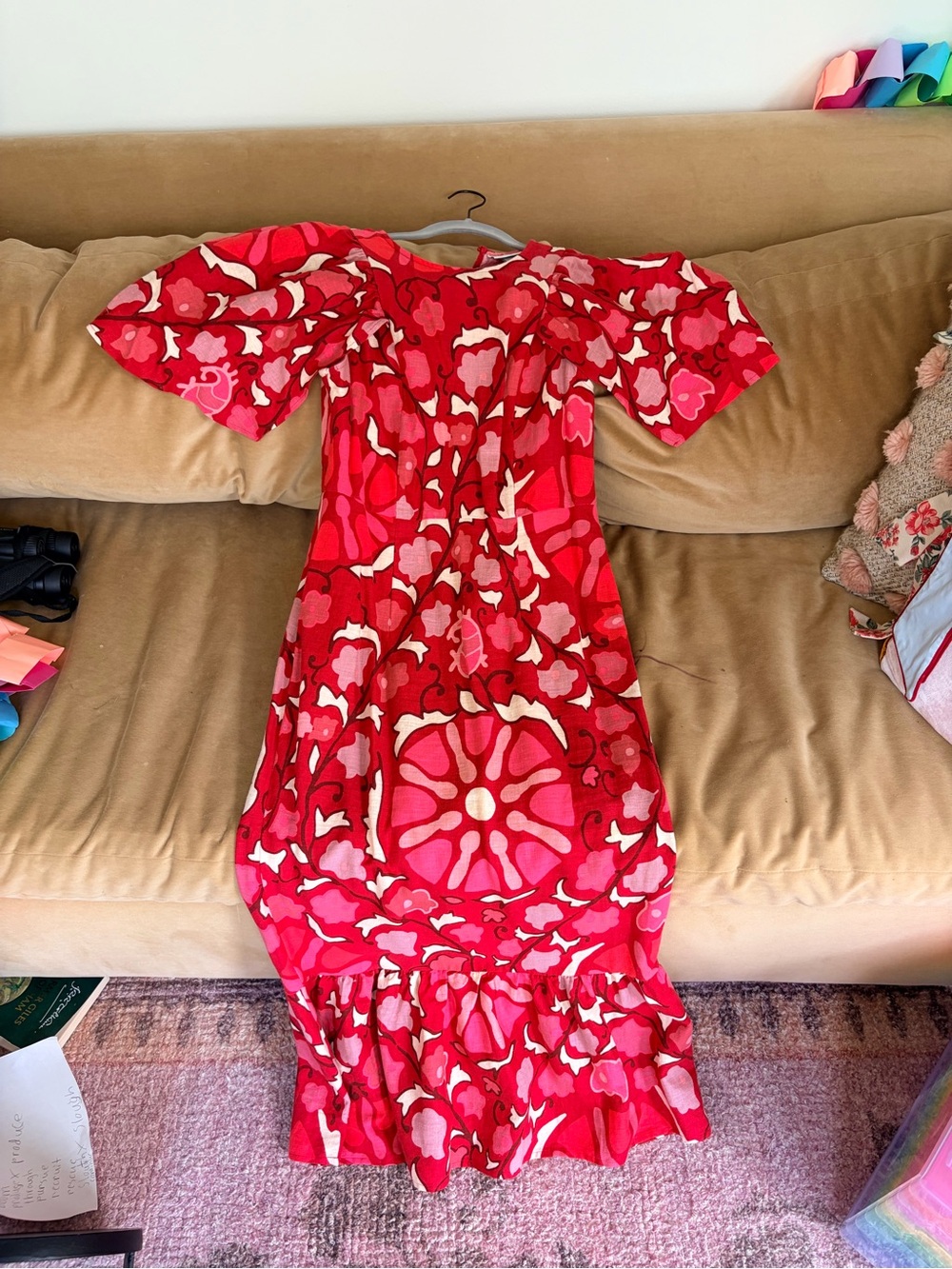 RHODE Red and Pink Floral Puff-Sleeve Midi Dress